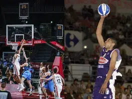 À g., Nicolas Batum à Tokyo (©FIBA) ; à d., Batum au MSB (©Archives CD72)