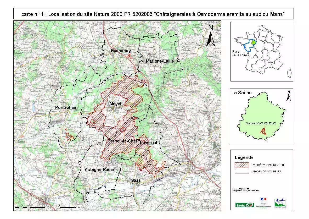 Carte du site Natura 2000 des Châtaigneraies au Sud du Mans