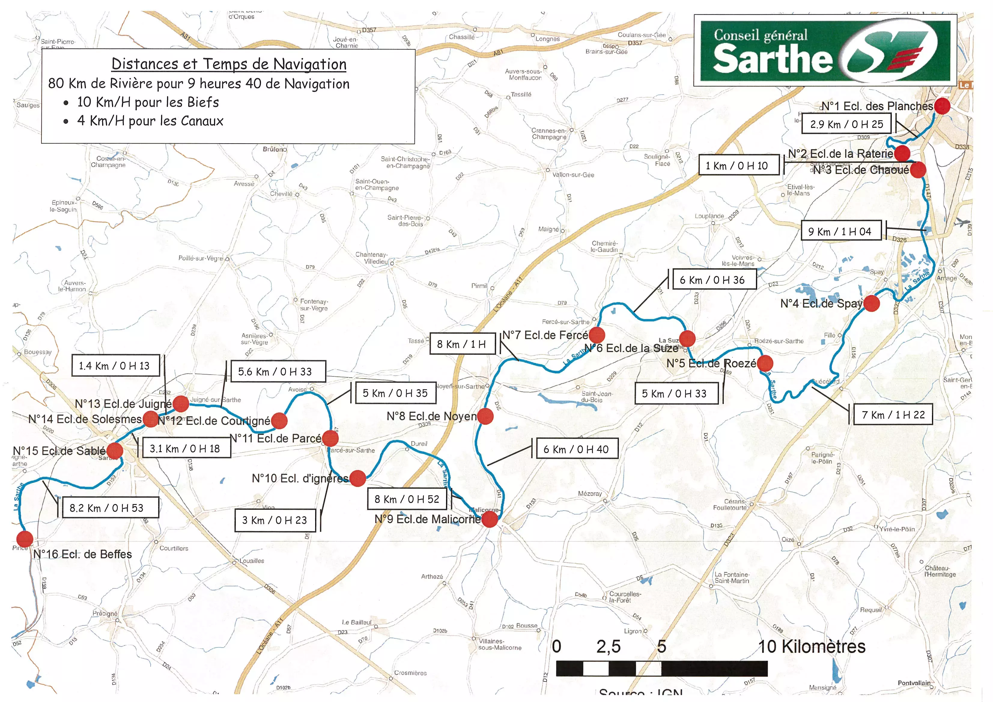 Carte des écluses et temps de navigation
