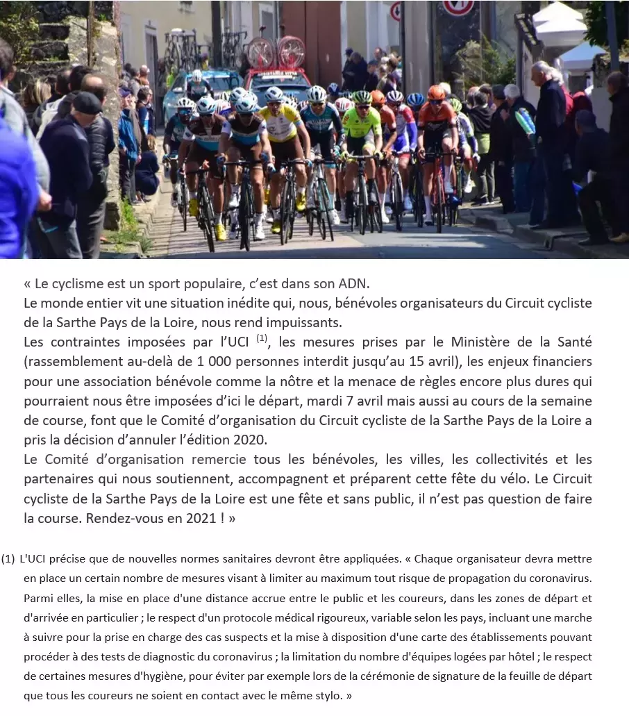 Communiqué de presse annulation du Circuit cycliste Sarthe - Pays de la Loire